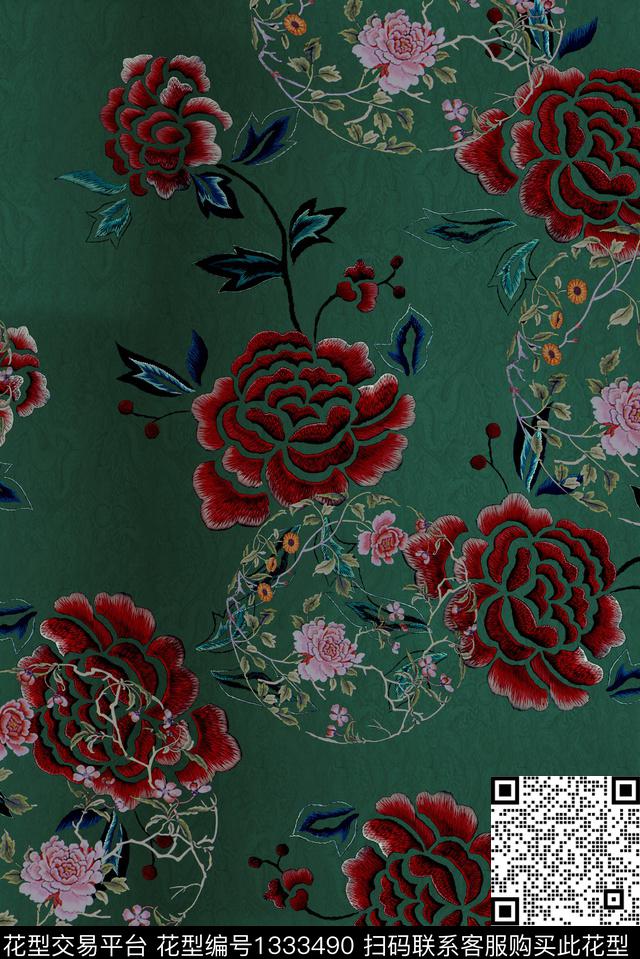 香云纱中国风花卉刺绣花卉数码印花华亿平台下载（图片编号: 1333490） - 瓦栏（Walan）