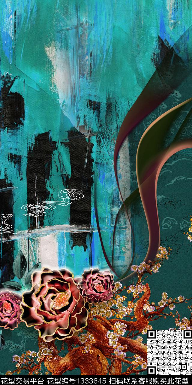 中国风定位花花卉几何传统印花华亿平台下载（图片编号: 1333645） - 瓦栏（Walan）