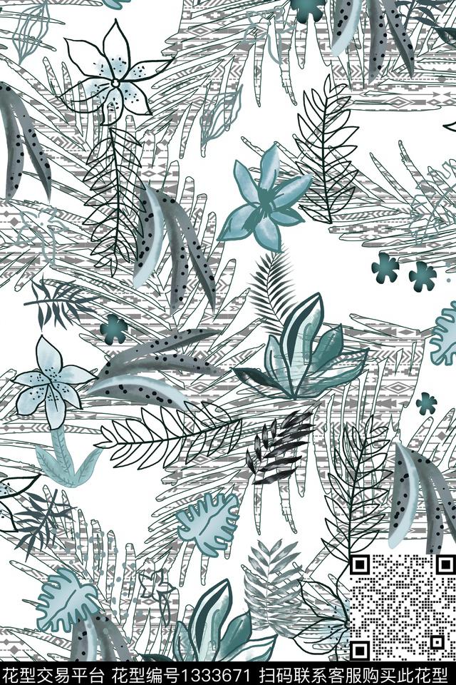 花卉蝴蝶豹纹绿植树叶数码印花华亿平台下载（图片编号: 1333671） - 瓦栏（Walan）