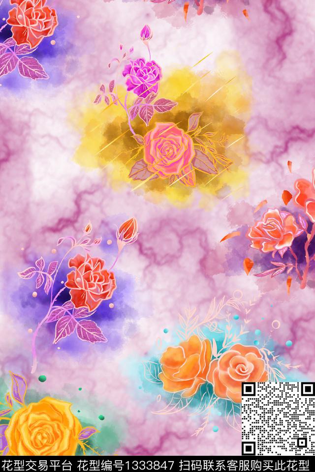 水彩渐变玫瑰花数码印花华亿平台下载（图片编号: 1333847） - 瓦栏（Walan）