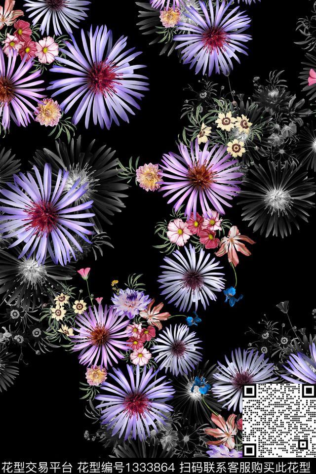 黑底花卉花卉雪纺数码印花华亿平台下载（图片编号: 1333864） - 瓦栏（Walan）