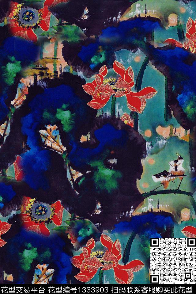 荷花中国风花卉手绘花卉数码印花华亿平台下载（图片编号: 1333903） - 瓦栏（Walan）