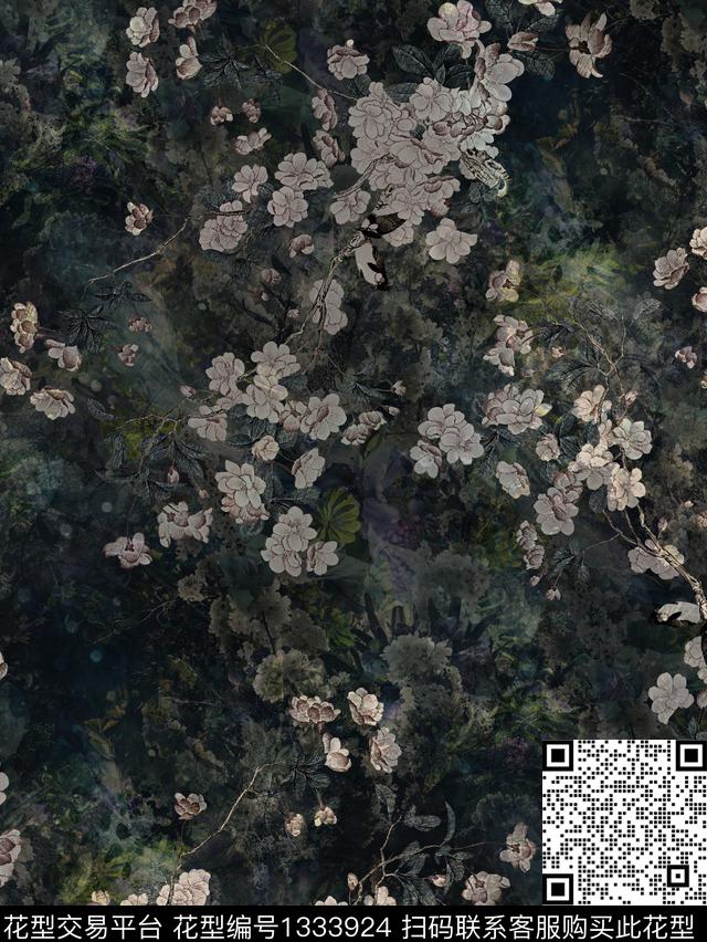 梅花复古香云纱数码印花华亿平台下载（图片编号: 1333924） - 瓦栏（Walan）