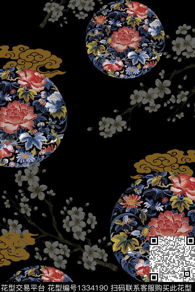 花卉香云纱大牌风数码印花华亿平台下载（图片编号: 1334190） - 瓦栏（Walan）