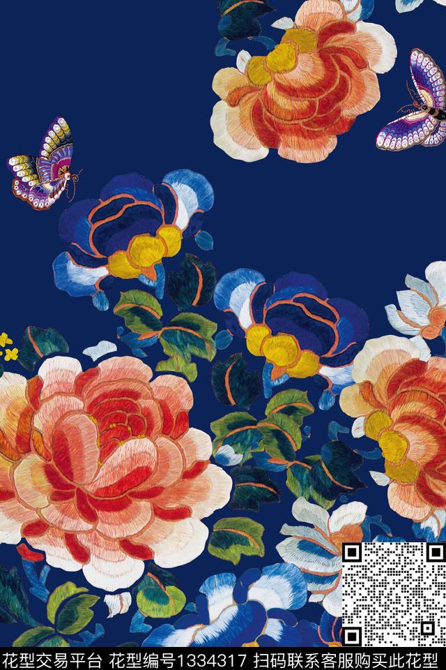 花卉蝴蝶中国风刺绣花卉数码印花华亿平台下载（图片编号: 1334317） - 瓦栏（Walan）