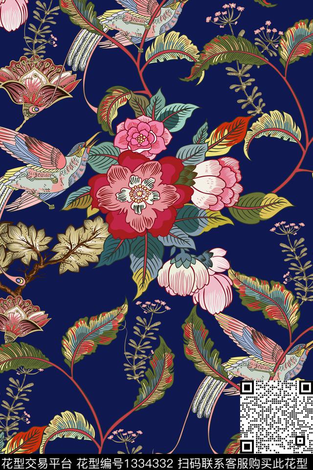 花卉蝴蝶花鸟中国风数码印花华亿平台下载（图片编号: 1334332） - 瓦栏（Walan）