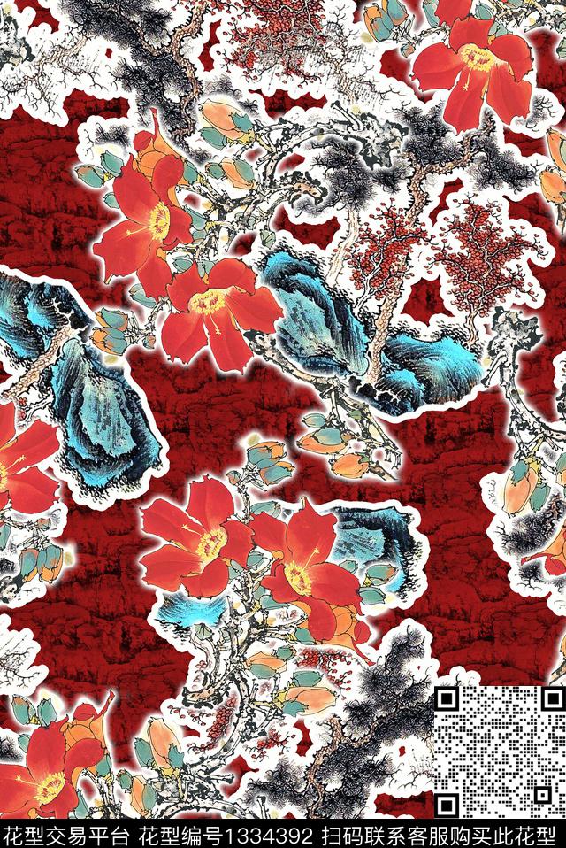 旗袍国画小碎花数码印花华亿平台下载（图片编号: 1334392） - 瓦栏（Walan）