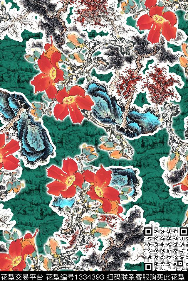 旗袍国画小碎花数码印花华亿平台下载（图片编号: 1334393） - 瓦栏（Walan）