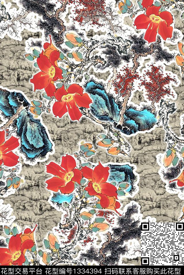 旗袍国画小碎花数码印花华亿平台下载（图片编号: 1334394） - 瓦栏（Walan）