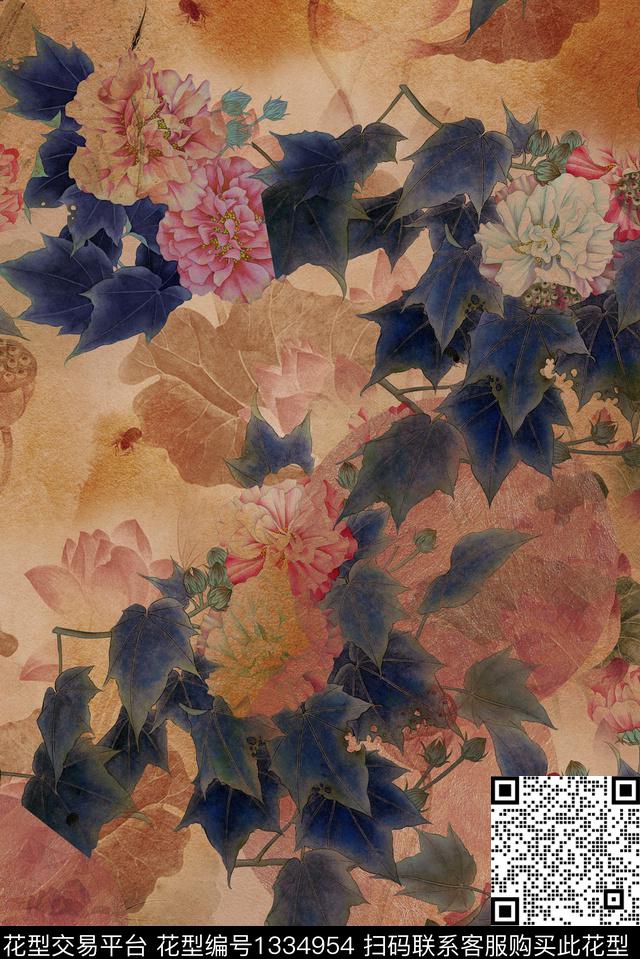 香云纱中国风花卉国画花数码印花华亿平台下载（图片编号: 1334954） - 瓦栏（Walan）