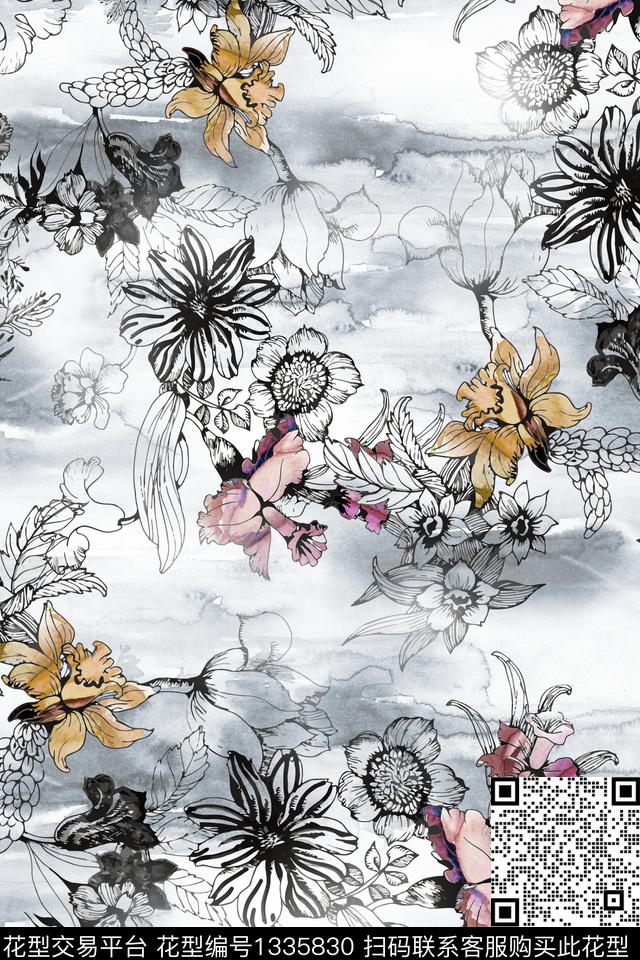 花卉香云纱大牌风数码印花华亿平台下载（图片编号: 1335830） - 瓦栏（Walan）