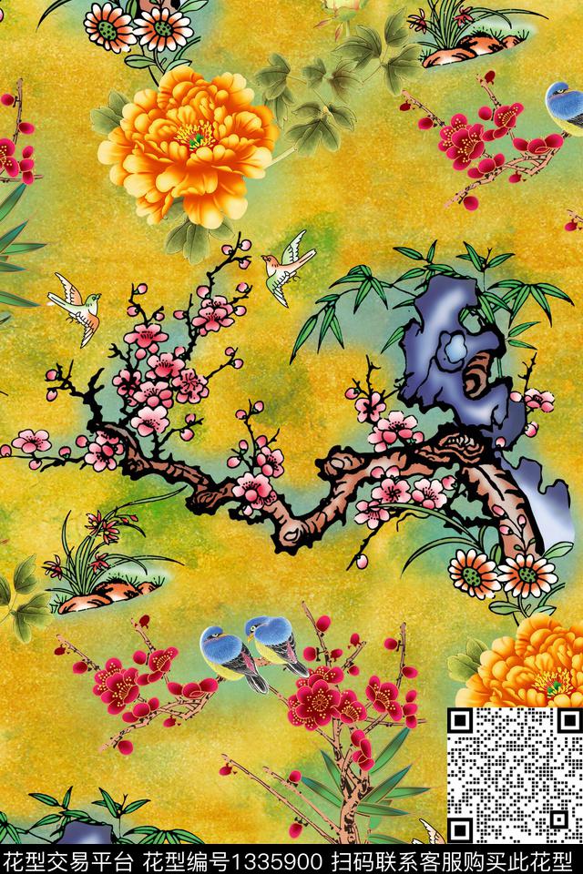 花卉旗袍香云纱数码印花华亿平台下载（图片编号: 1335900） - 瓦栏（Walan）