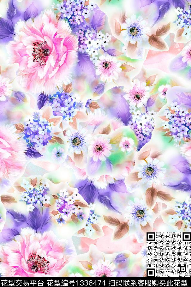 水彩香云纱手绘花卉数码印花华亿平台下载（图片编号: 1336474） - 瓦栏（Walan）