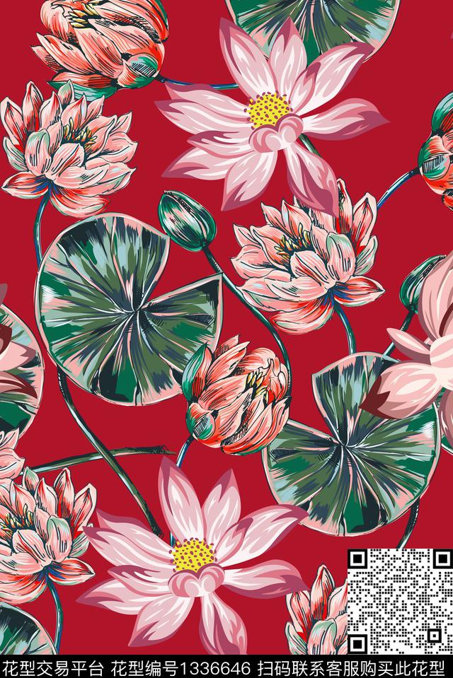 花卉荷花中国风传统印花华亿平台下载（图片编号: 1336646） - 瓦栏（Walan）