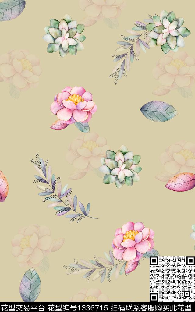 时尚花卉清爽底花卉数码印花华亿平台下载（图片编号: 1336715） - 瓦栏（Walan）