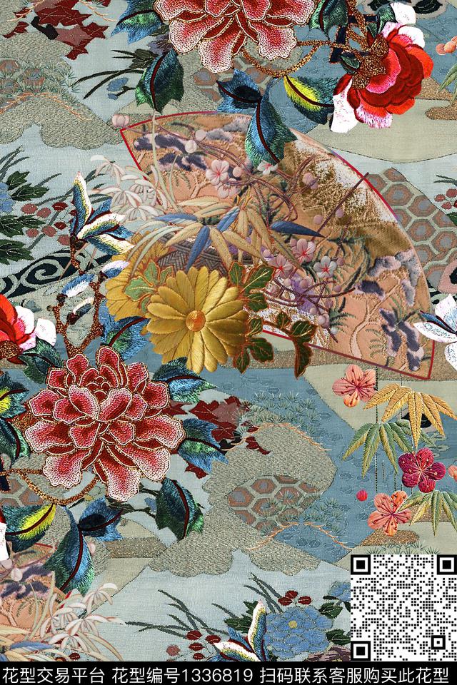 中国风华亿平台日系风旗袍底纹花数码印花华亿平台下载（图片编号: 1336819） - 瓦栏（Walan）