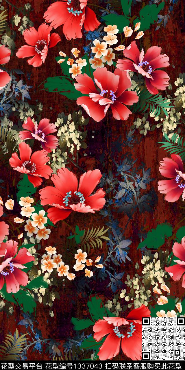 树枝花卉热带华亿平台数码印花华亿平台下载（图片编号: 1337043） - 瓦栏（Walan）