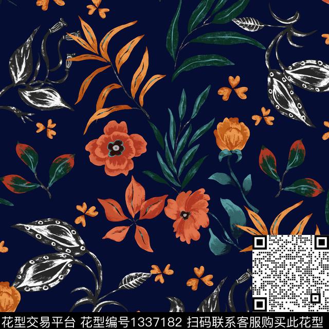 绿植树叶花卉大牌风传统印花华亿平台下载（图片编号: 1337182） - 瓦栏（Walan）