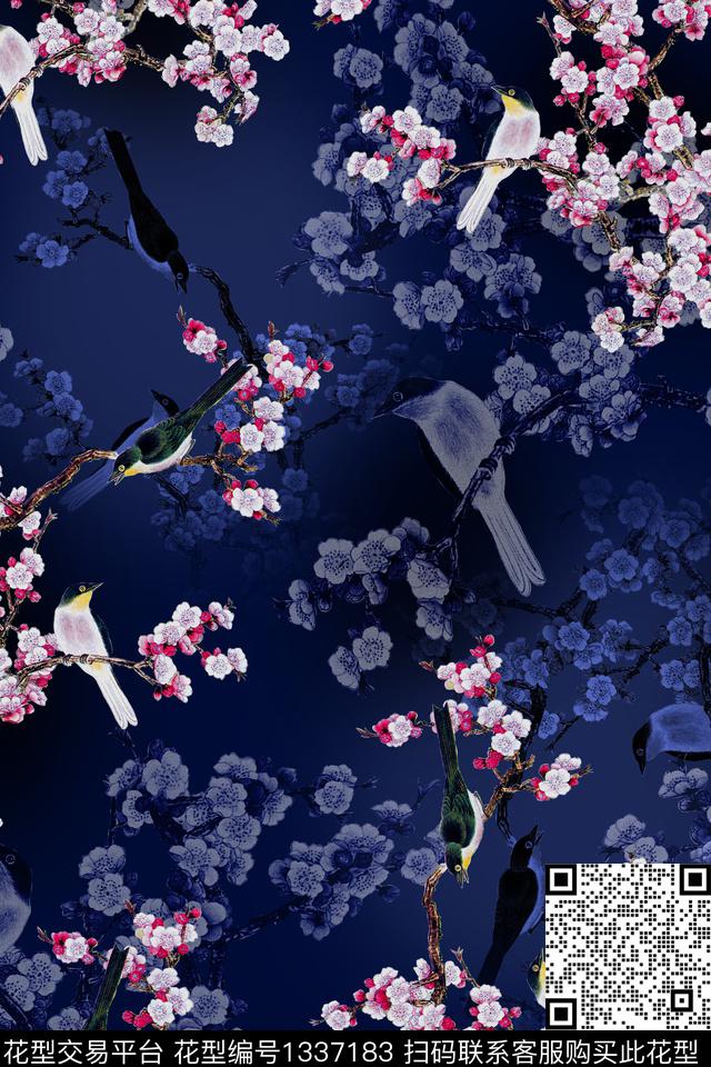 花鸟香云纱大牌风数码印花华亿平台下载（图片编号: 1337183） - 瓦栏（Walan）