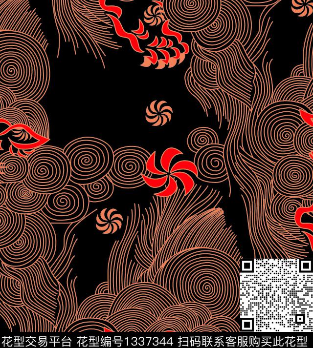 简约祥云线条画数码印花华亿平台下载（图片编号: 1337344） - 瓦栏（Walan）