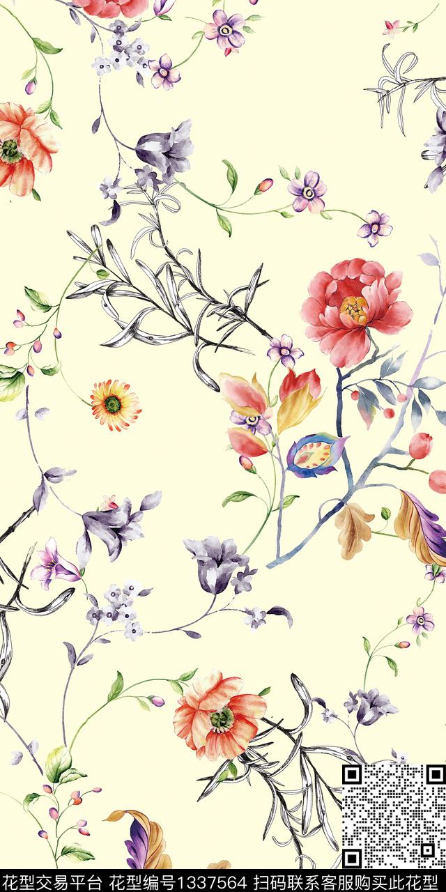 简约花卉植物数码印花华亿平台下载（图片编号: 1337564） - 瓦栏（Walan）