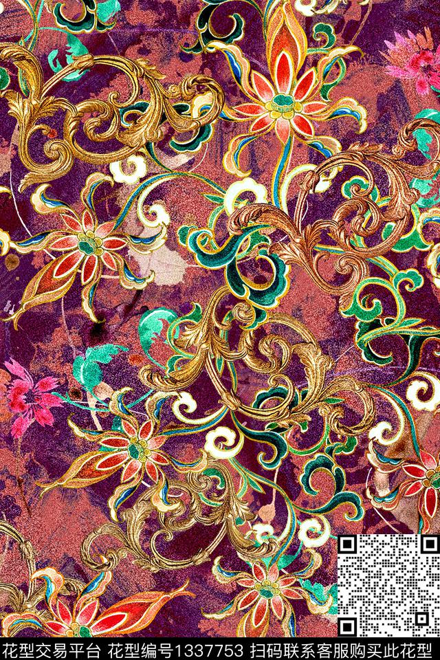 抽象花卉金属大牌风数码印花华亿平台下载（图片编号: 1337753） - 瓦栏（Walan）