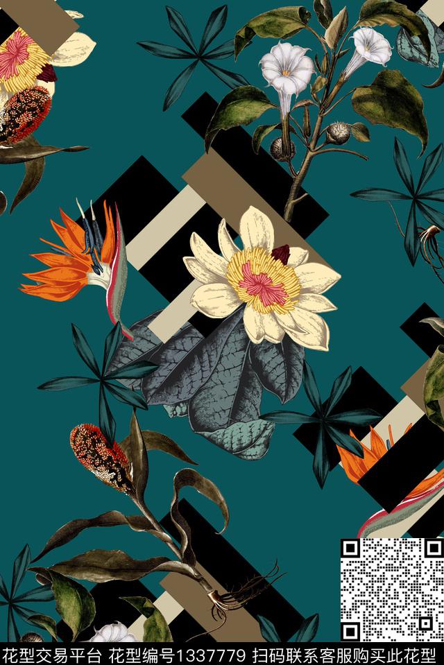 几何花卉大牌风数码印花华亿平台下载（图片编号: 1337779） - 瓦栏（Walan）