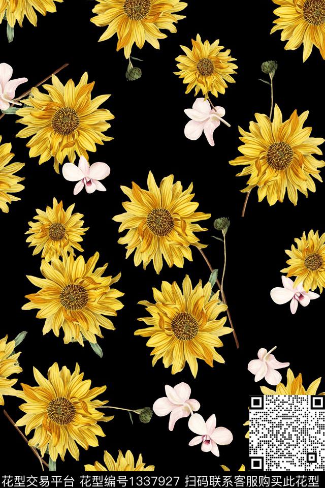 菊花花卉黑底花卉数码印花华亿平台下载（图片编号: 1337927） - 瓦栏（Walan）