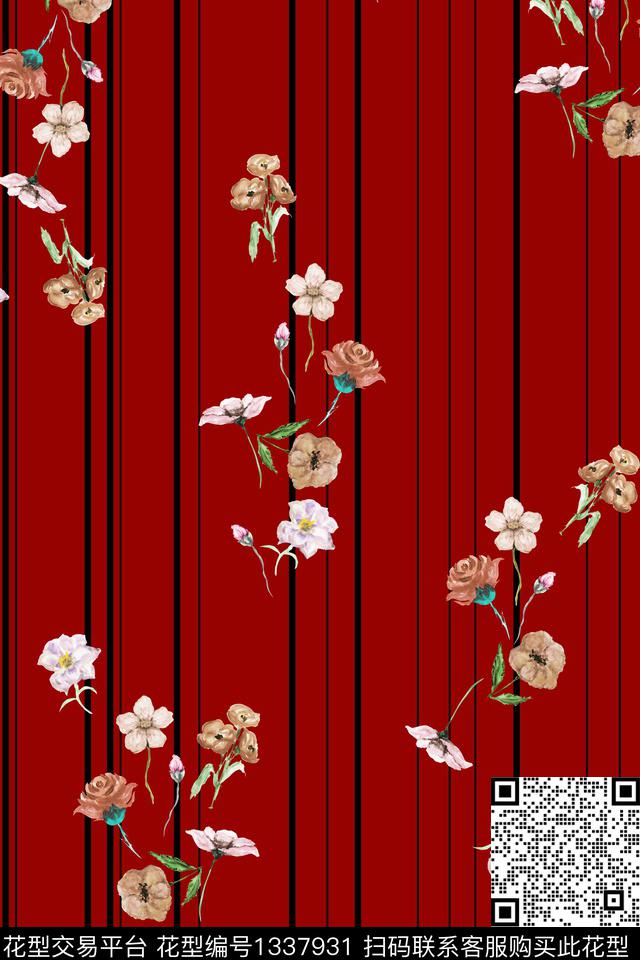 黑白条纹花卉大牌风数码印花华亿平台下载（图片编号: 1337931） - 瓦栏（Walan）