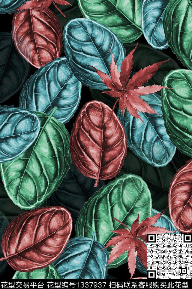 几何花卉枫叶植物数码印花华亿平台下载（图片编号: 1337937） - 瓦栏（Walan）