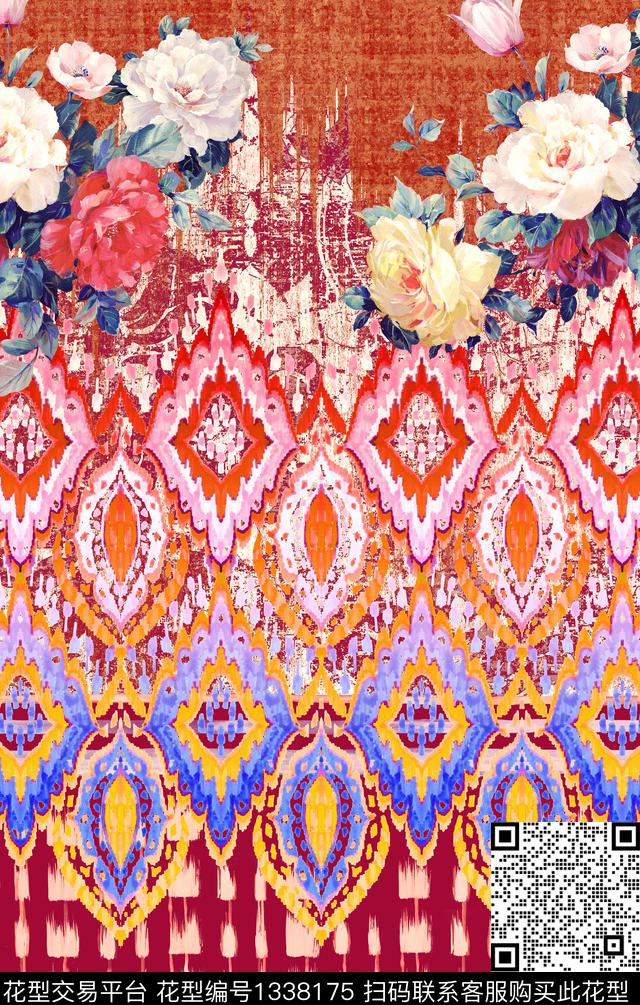 女装定位花花卉手绘大花数码印花华亿平台下载（图片编号: 1338175） - 瓦栏（Walan）