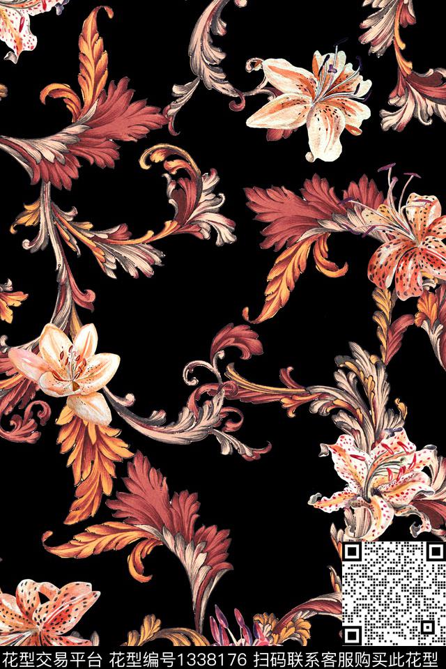 民族花卉黑底花卉花卉数码印花华亿平台下载（图片编号: 1338176） - 瓦栏（Walan）