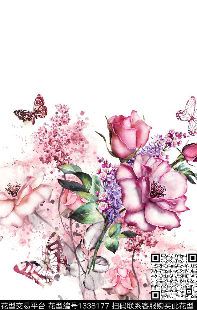 女装定位花花卉手绘大花数码印花华亿平台下载（图片编号: 1338177） - 瓦栏（Walan）