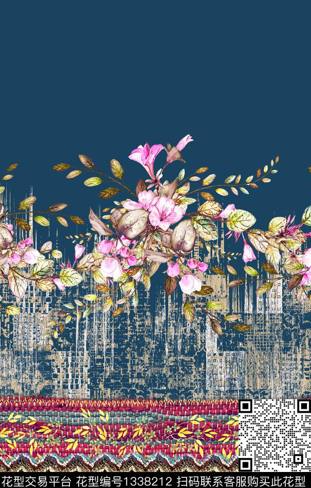花卉条纹定位花数码印花华亿平台下载（图片编号: 1338212） - 瓦栏（Walan）