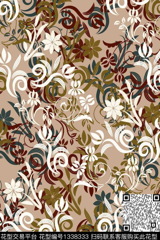 绿植树叶花卉抽象男装传统印花华亿平台下载（图片编号: 1338333） - 瓦栏（Walan）