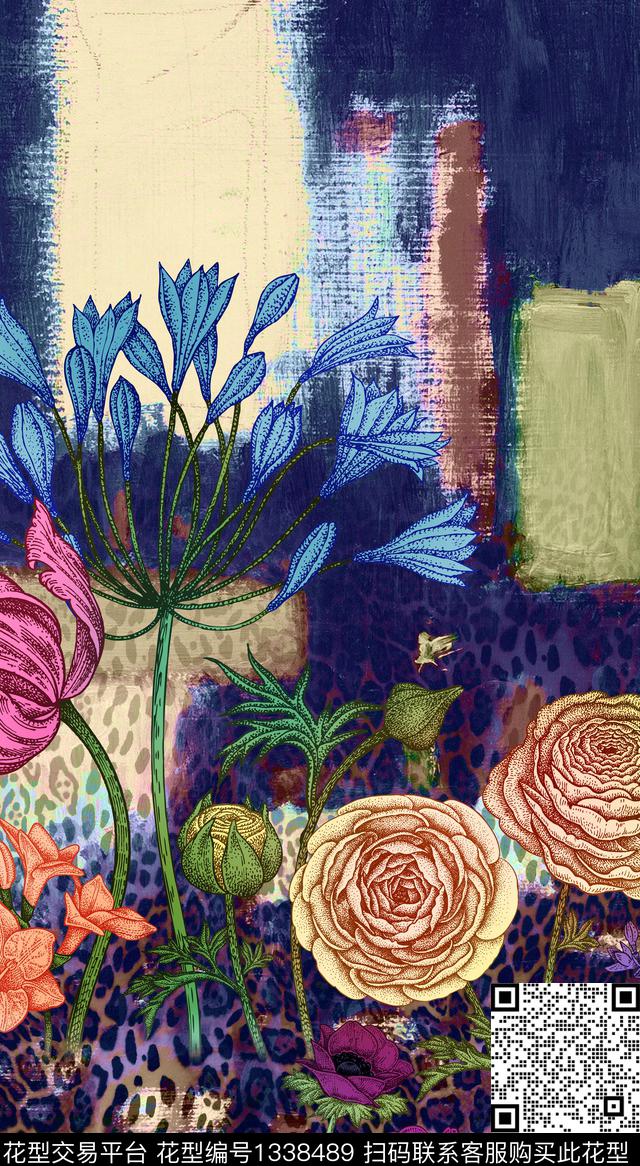纹理花卉定位裁片数码印花华亿平台下载（图片编号: 1338489） - 瓦栏（Walan）
