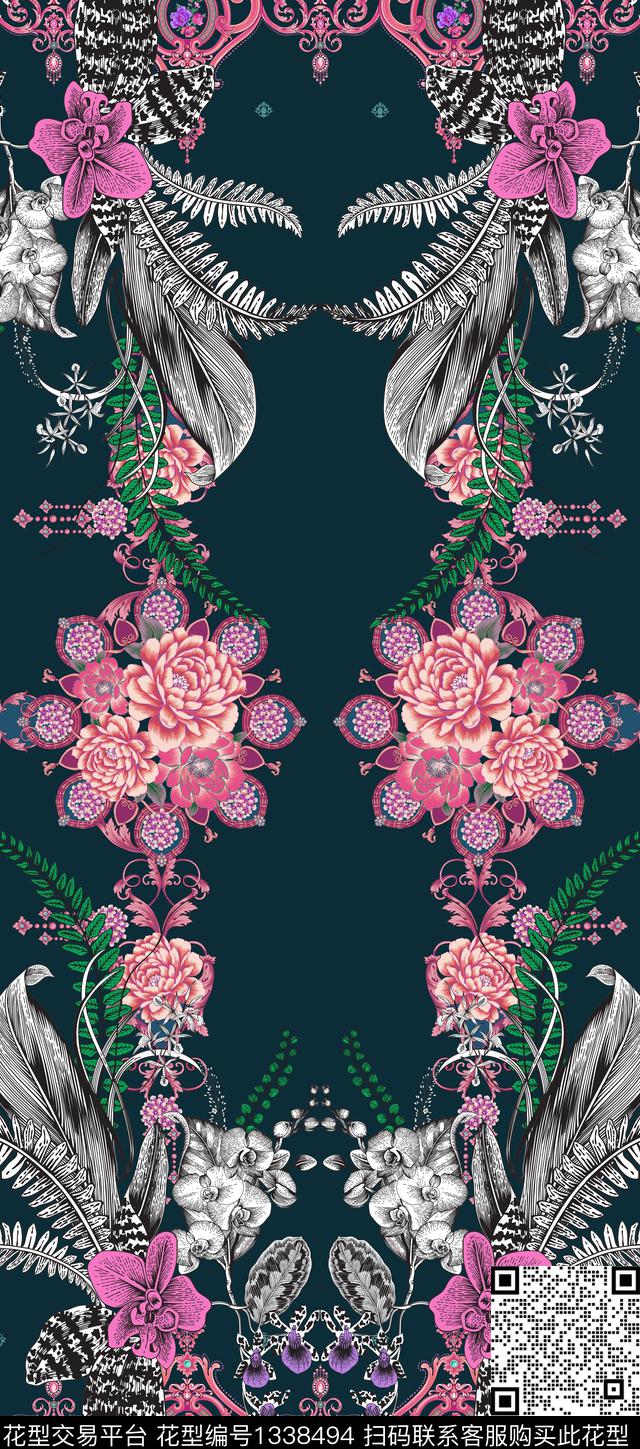 花卉对称花民族风数码印花华亿平台下载（图片编号: 1338494） - 瓦栏（Walan）