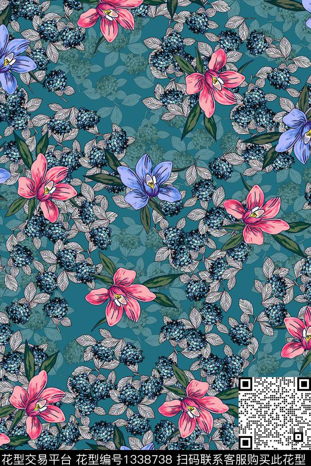 花卉轻复古数码印花华亿平台下载（图片编号: 1338738） - 瓦栏（Walan）