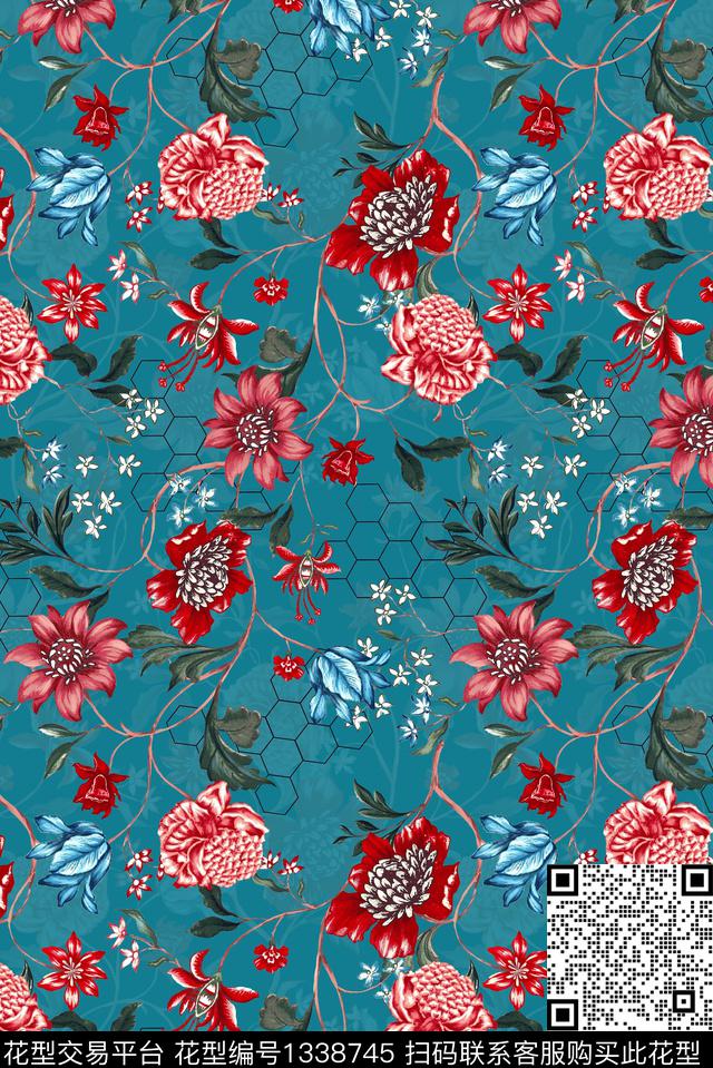花卉轻复古数码印花华亿平台下载（图片编号: 1338745） - 瓦栏（Walan）