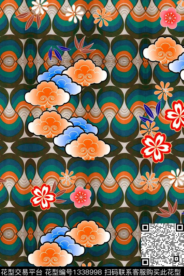 祥云真丝日系风旗袍华亿平台数码印花华亿平台下载（图片编号: 1338998） - 瓦栏（Walan）