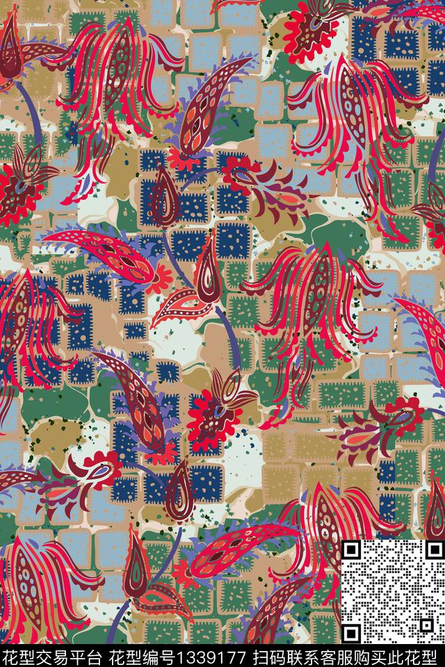 肌理复古佩斯利数码印花华亿平台下载（图片编号: 1339177） - 瓦栏（Walan）