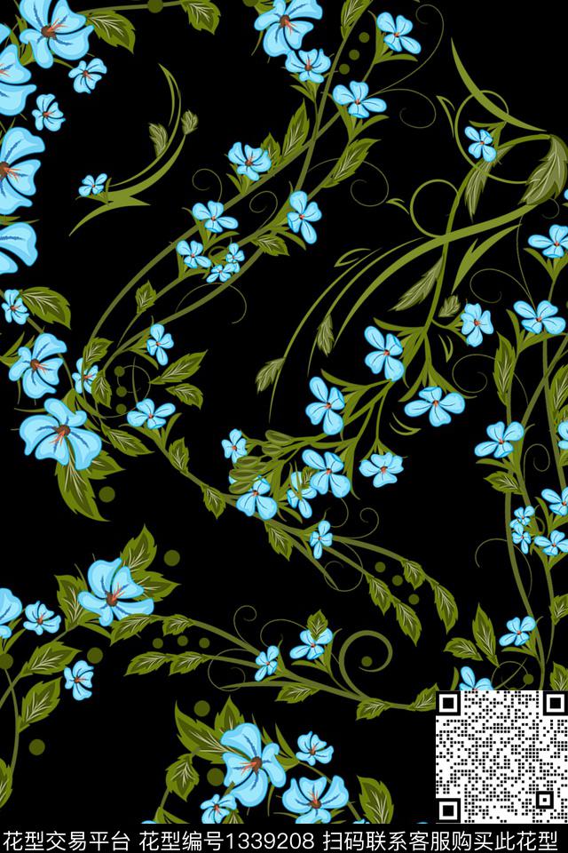 黑底花卉花卉大牌风传统印花华亿平台下载（图片编号: 1339208） - 瓦栏（Walan）