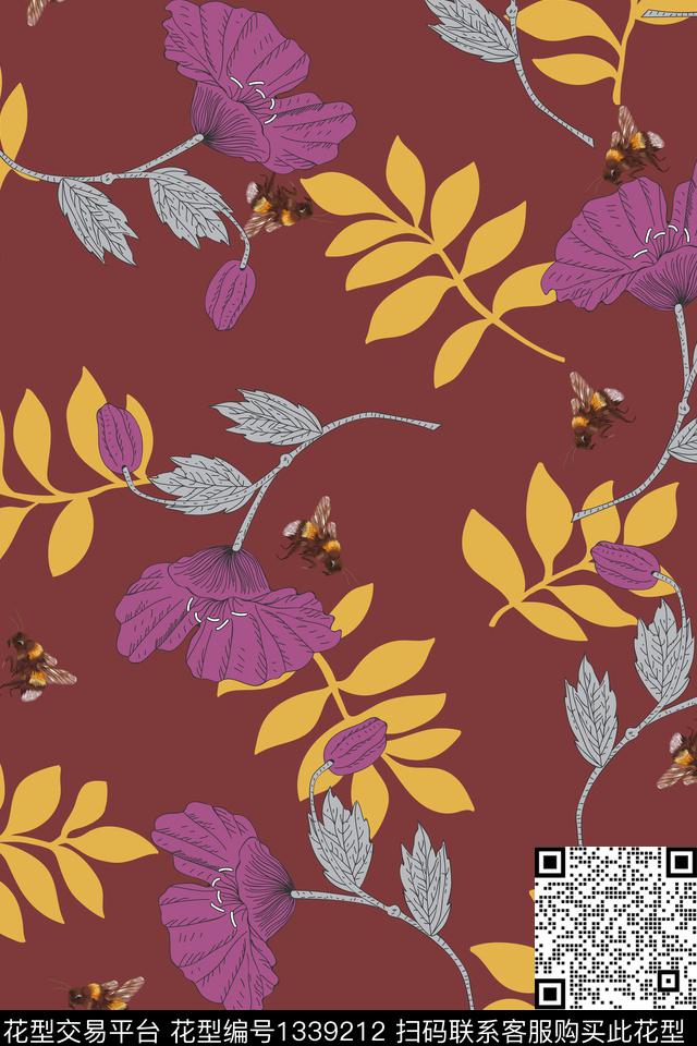 花卉香云纱大牌风数码印花华亿平台下载（图片编号: 1339212） - 瓦栏（Walan）