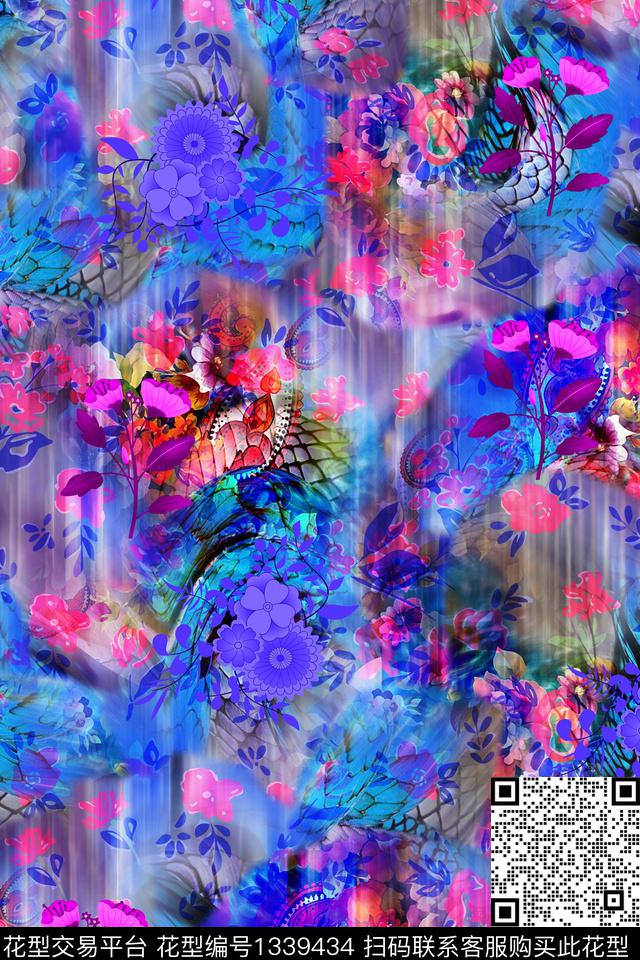 水彩渐变花卉数码印花华亿平台下载（图片编号: 1339434） - 瓦栏（Walan）