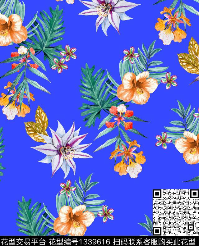 水彩花卉宝蓝底数码印花华亿平台下载（图片编号: 1339616） - 瓦栏（Walan）