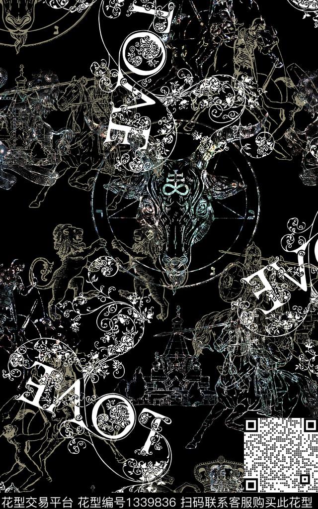 字母卷草狮子传统印花华亿平台下载（图片编号: 1339836） - 瓦栏（Walan）