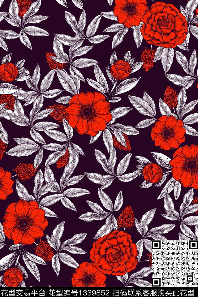 女装花卉植物传统印花华亿平台下载（图片编号: 1339852） - 瓦栏（Walan）