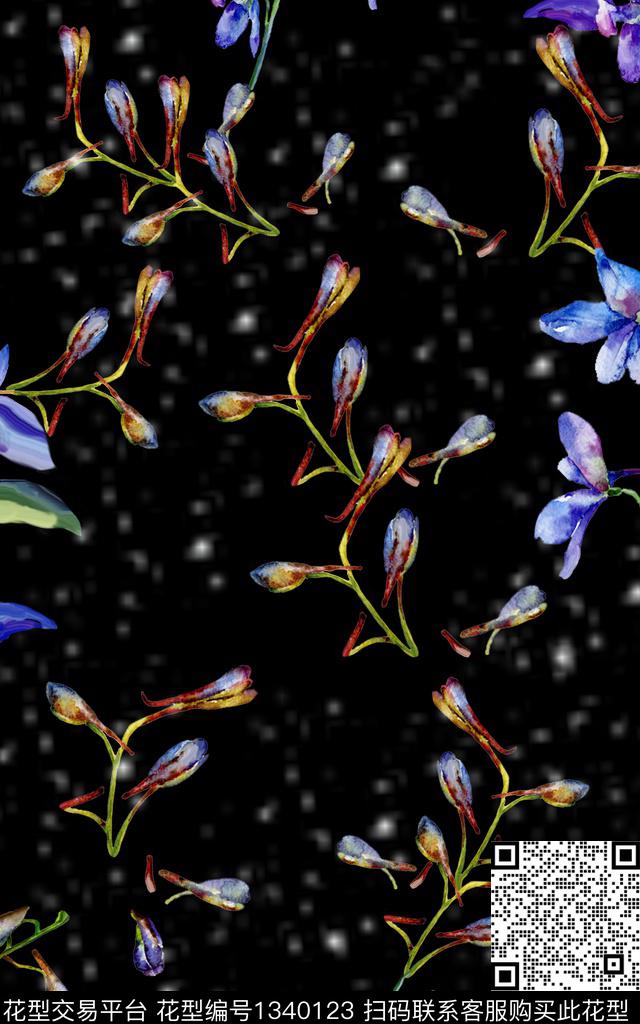 黑底花卉娇艳简约数码印花华亿平台下载（图片编号: 1340123） - 瓦栏（Walan）