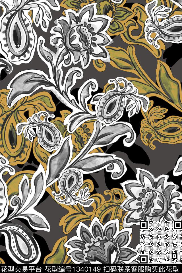 佩斯利民族风黑色和白色数码印花华亿平台下载（图片编号: 1340149） - 瓦栏（Walan）