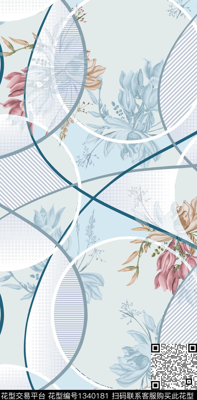 线条画几何花卉数码印花华亿平台下载（图片编号: 1340181） - 瓦栏（Walan）